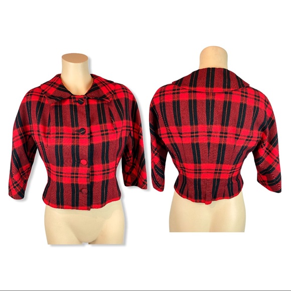 VTG 1960s Red & Black Plaid Pencil Skirt & Jacket - Picture 4 of 14